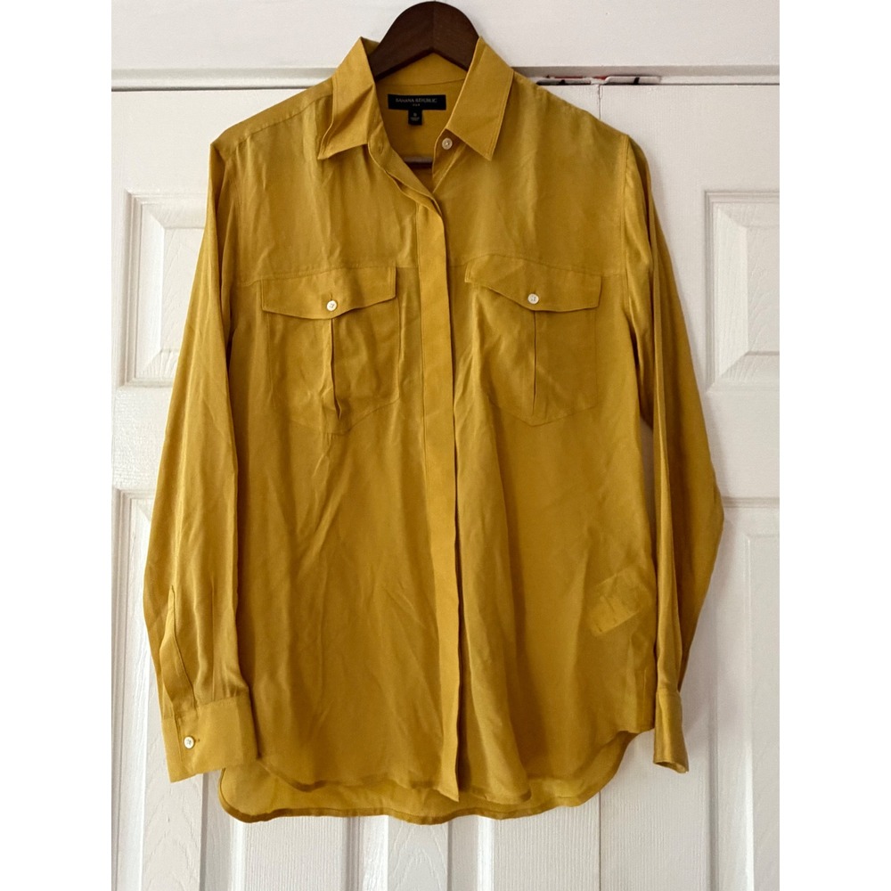 Banana Republic Womens 100% Silk Button Down Shirt Mustard Yellow Long Sleeve S